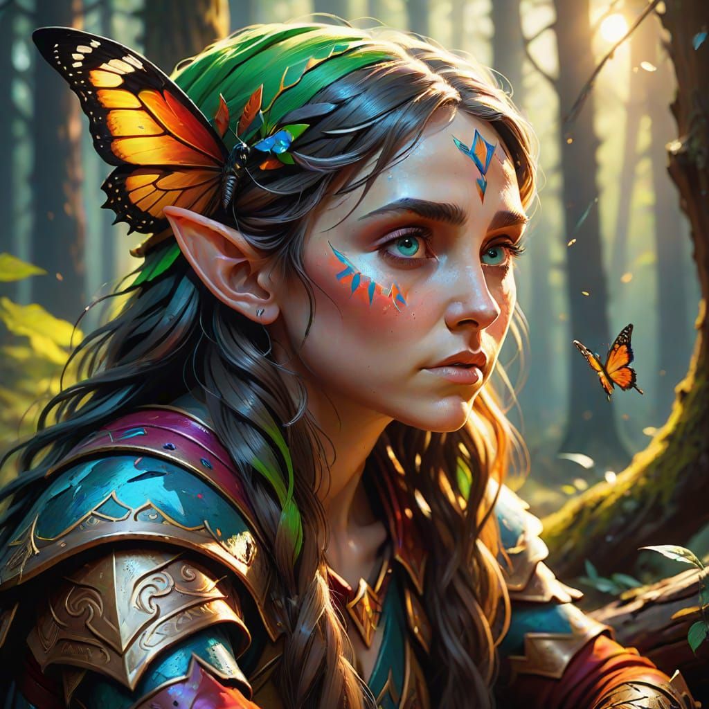 Exhausted Elf Warrior in a Sunny Forest Clearing, Tenebrism ...