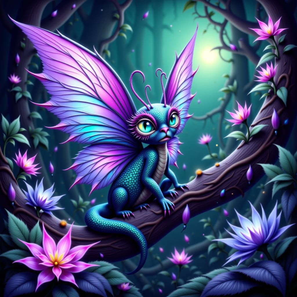 Mythical Serpent-Butterfly Creature in Enchanted Moonlight