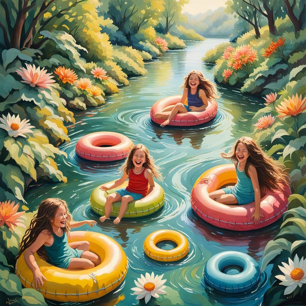 Children's Laughter on a Lazy River, Oil Painting