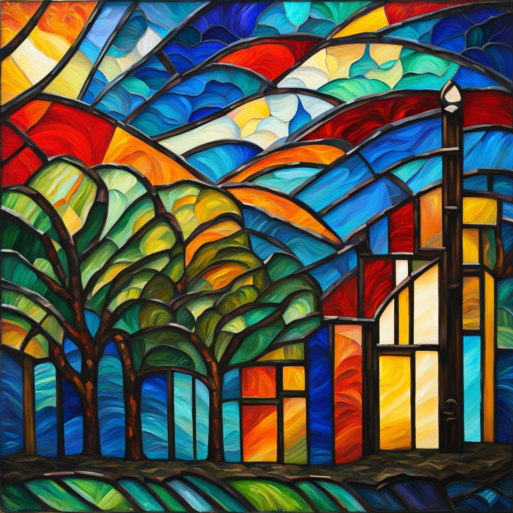 Brilliant Art Deco Stained Glass in Impasto Style