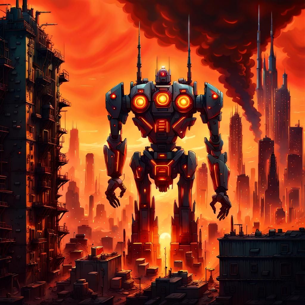 Giant Robot in Burning City with Laser Cannons