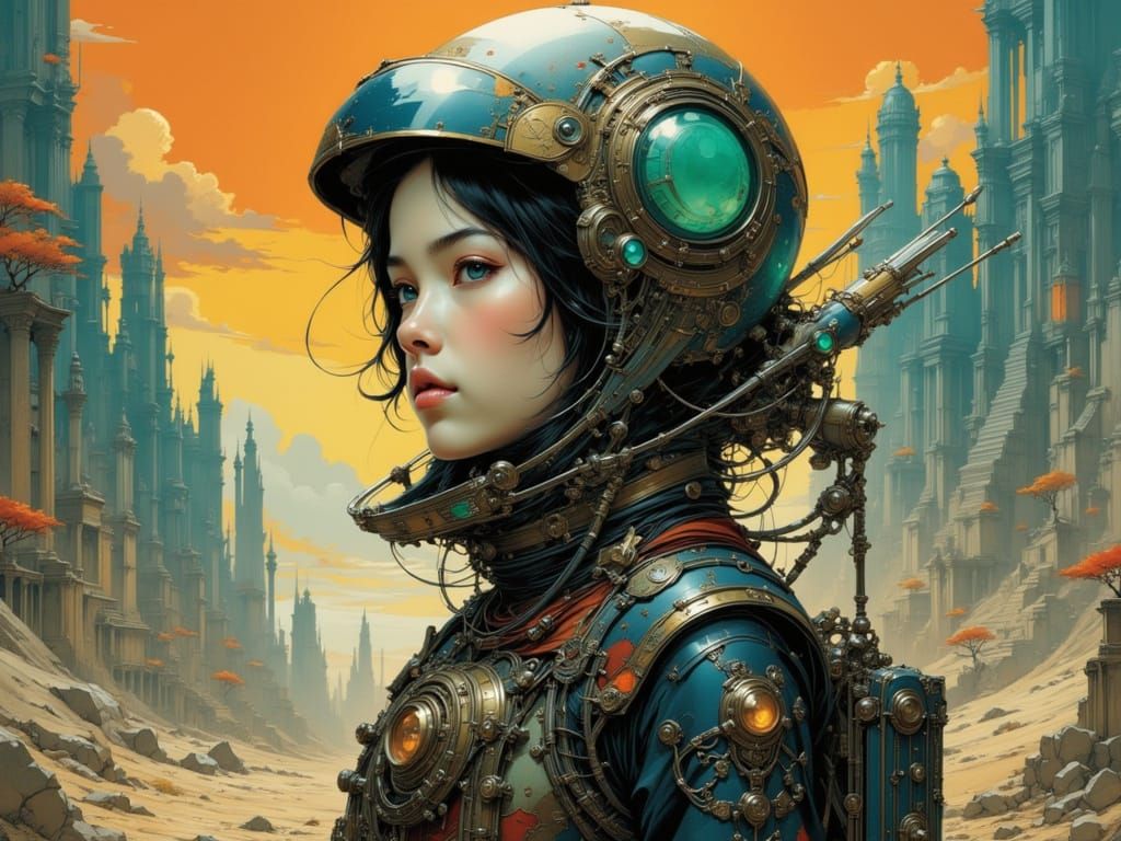 Archaeologist in Spacesuit Among Ancient Alien Ruins