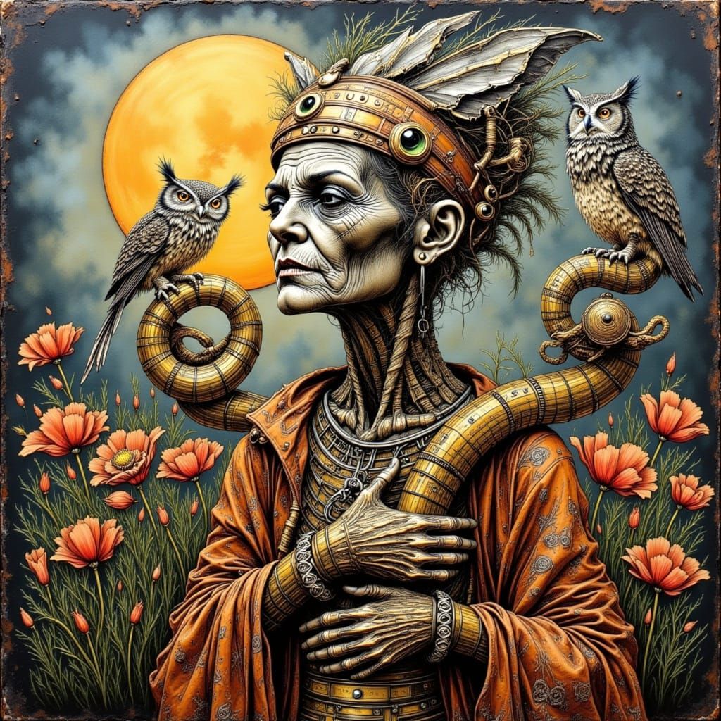 Hundertwasser Dürer Style Figure with Snakes and Birds