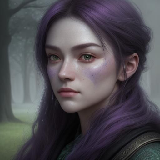 Hyperrealistic Portrait in Park with Purple and Green Hues