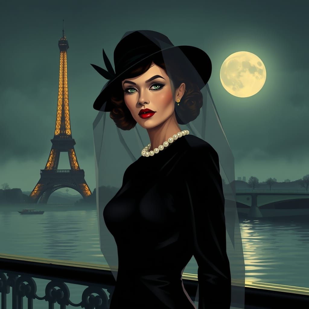 Mysterious Femme Fatale on the Moonlit Seine