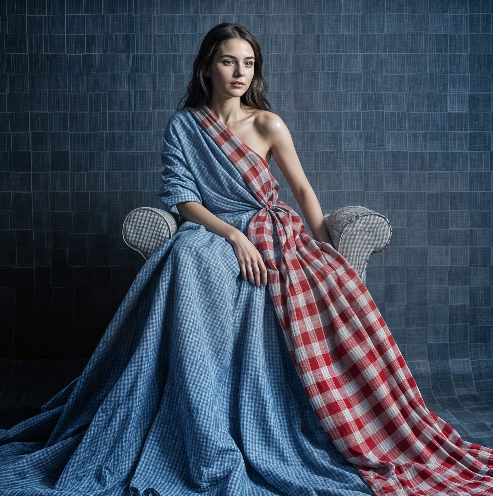 Elegant Woman Surrounded by Gingham Patterns