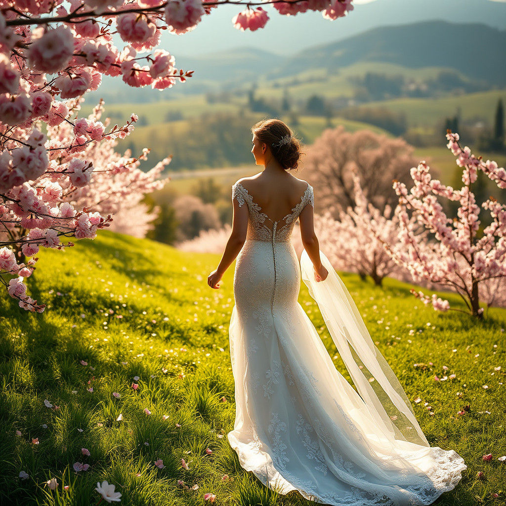 Newlyweds in Cherry Blossom Field as Digital Painting
