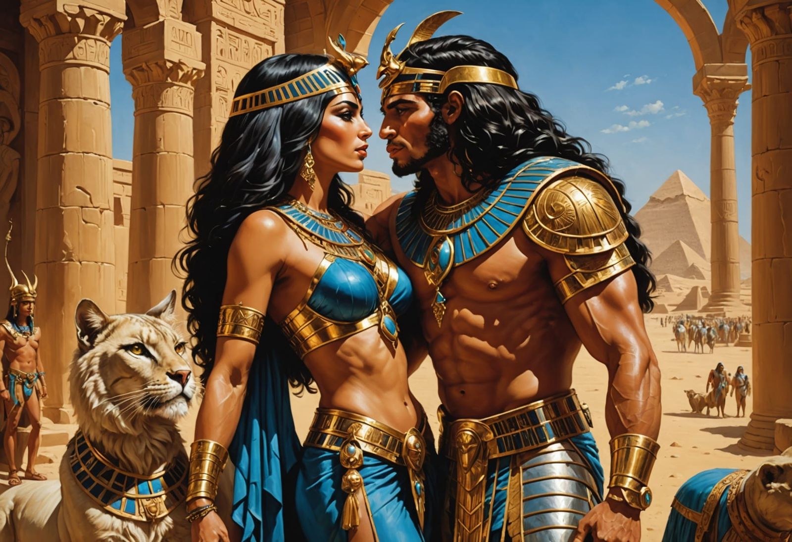 Egyptian Priestess Kissing in Hyperdetailed Oil Painting