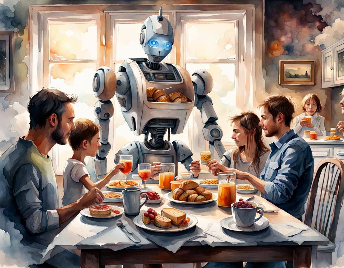 Family Breakfast Served by Robot in Watercolour Style