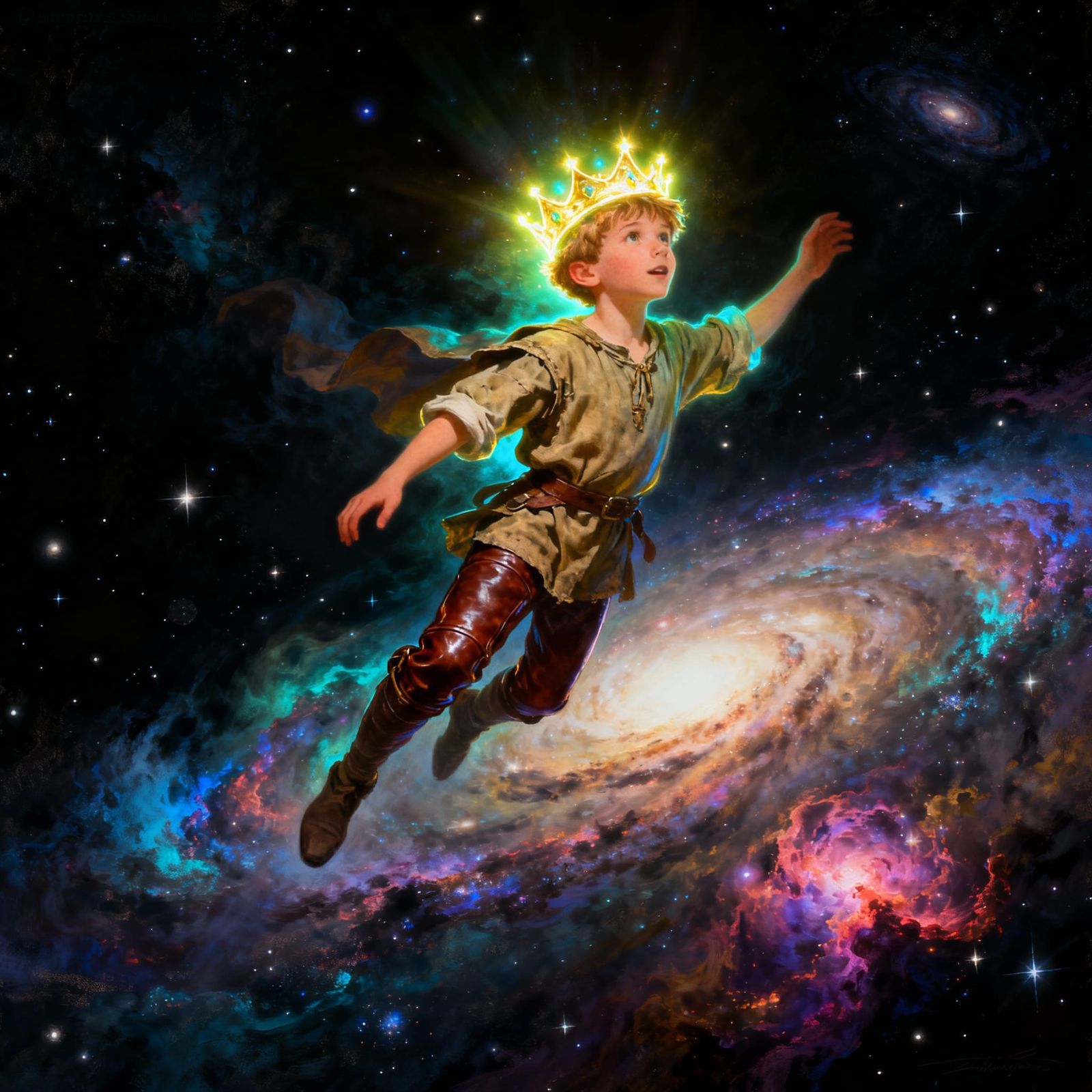 Glowing Boy Soars Through Cosmic Fantasy Space