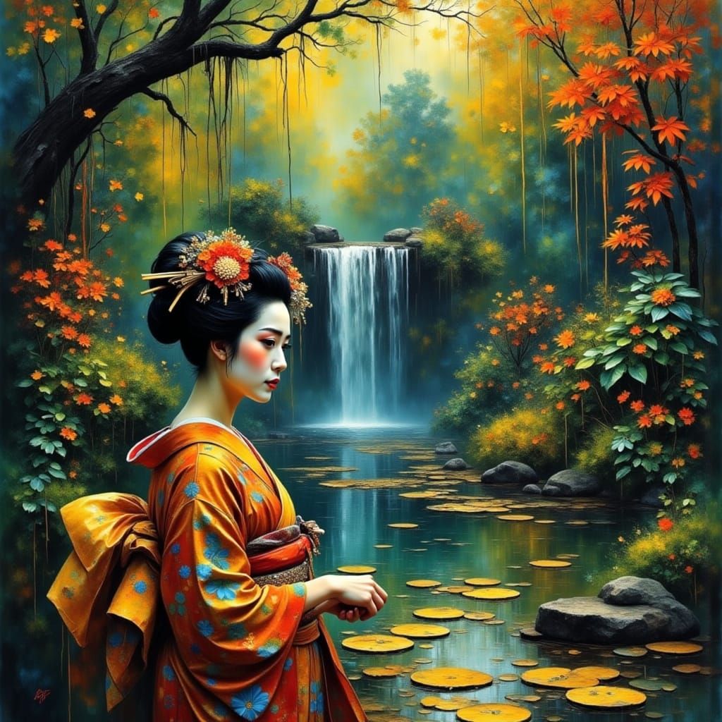 Beautiful Geisha in a Serene Waterfall Garden Scene