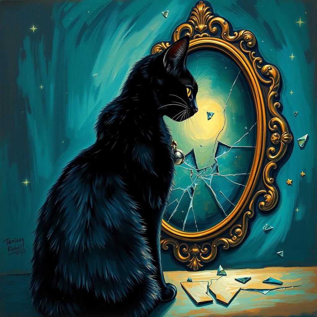 Mystical Black Cat and Shattered Mirror in Folk Art Style