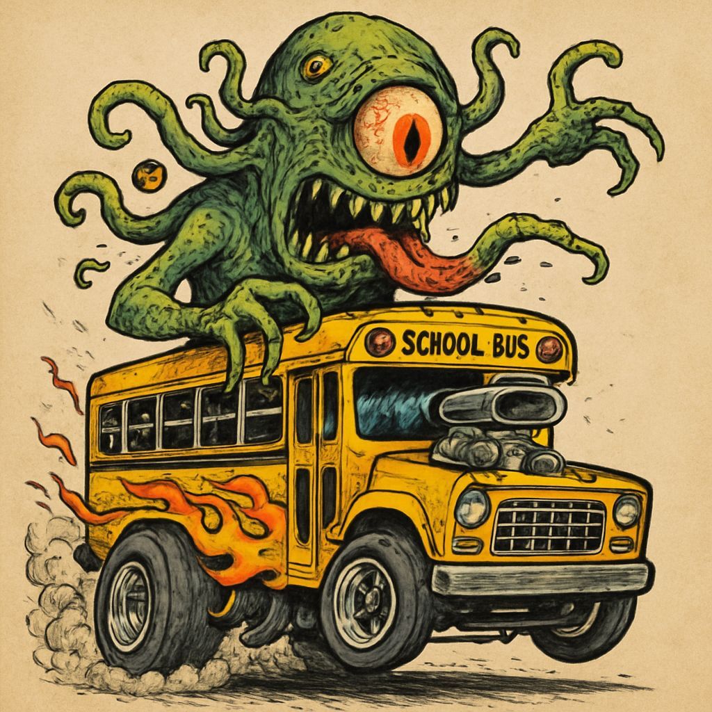 Alien Steals Hotrod School Bus in Lowbrow Art