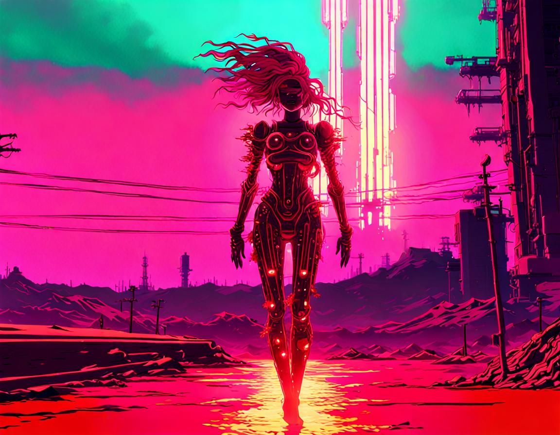 Glitchy Vaporwave Android in Melting Sci-Fi World