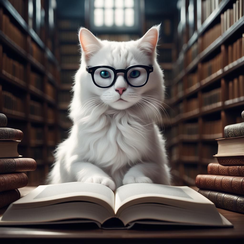 Cat Reads Book in Library: Digital Matte Painting