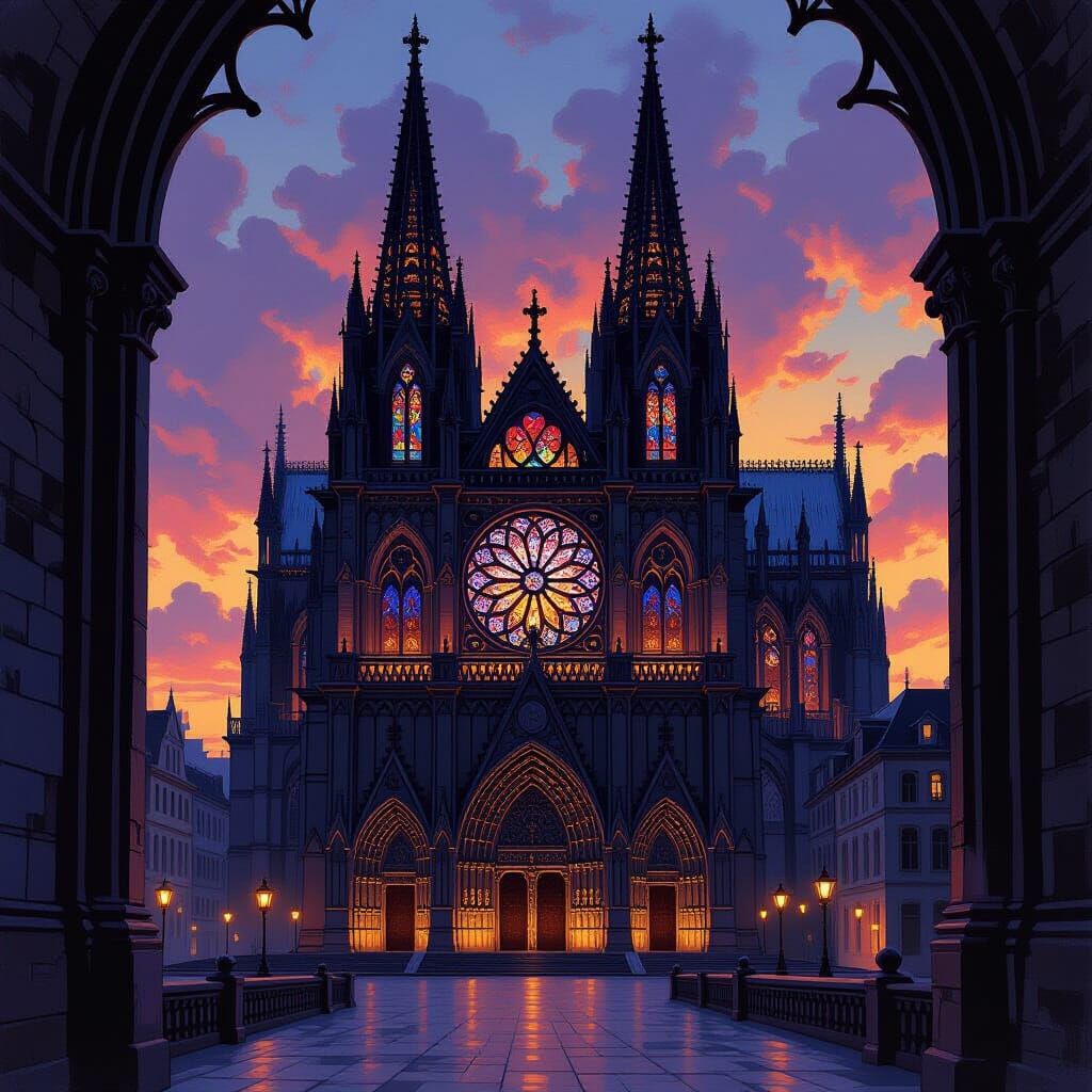 Gothic Cathedral at Dusk in Oil Painting Style