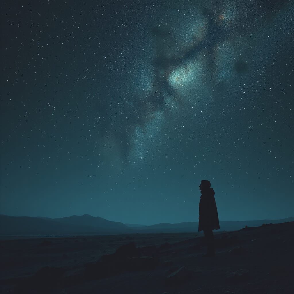 Cosmic Figure Contemplates Existence in Surreal Landscape