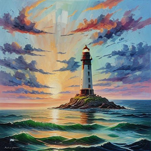 A huge gorgeous elaborate lighthouse stands on a large rock ...