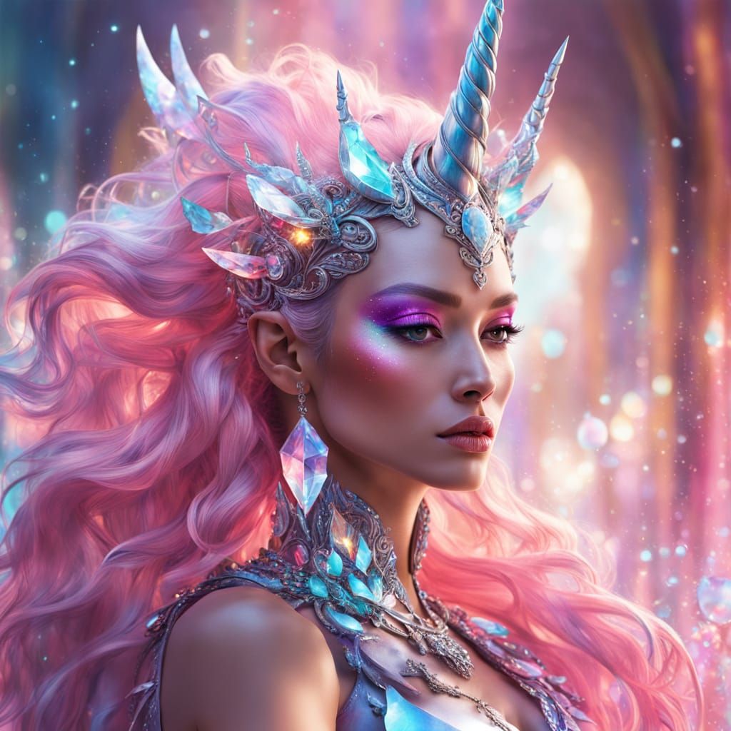 Fantasy Unicorn Woman with Crystal Horn in Digital Art