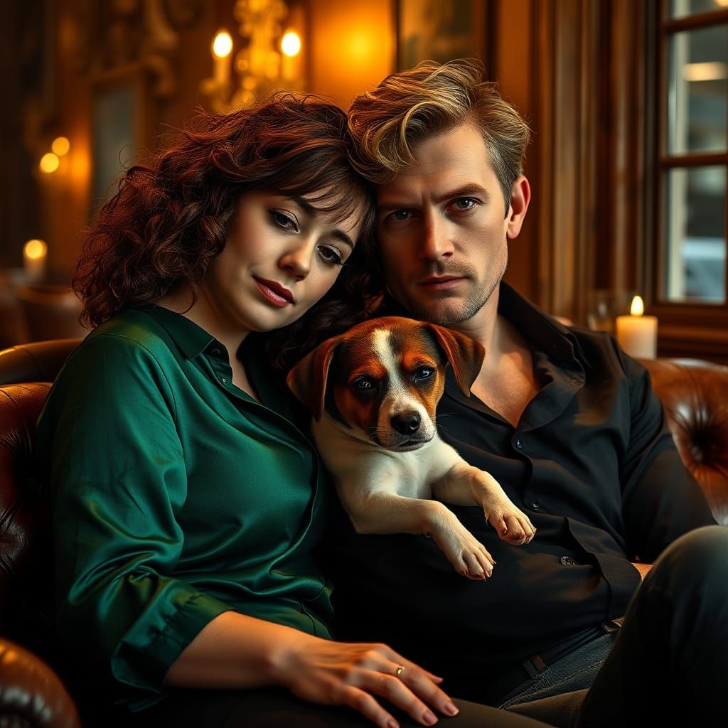 Romantic Cafe Scene with Couple and Dog