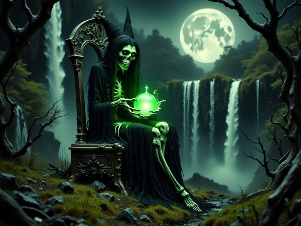 Skeletal Hag Holds Glowing Orb by Crimson Moon
