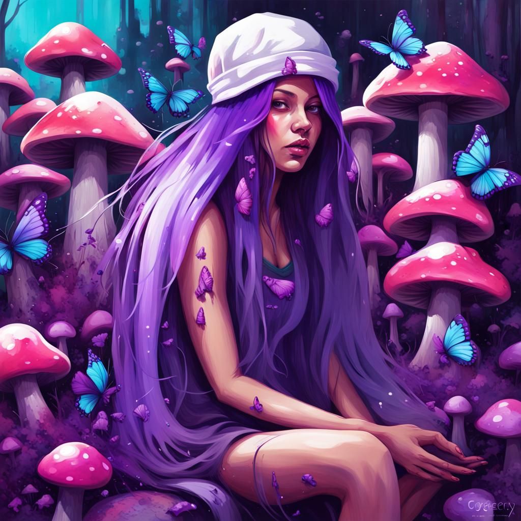 Girl Among Purple Mushrooms in Graffiti Art Style