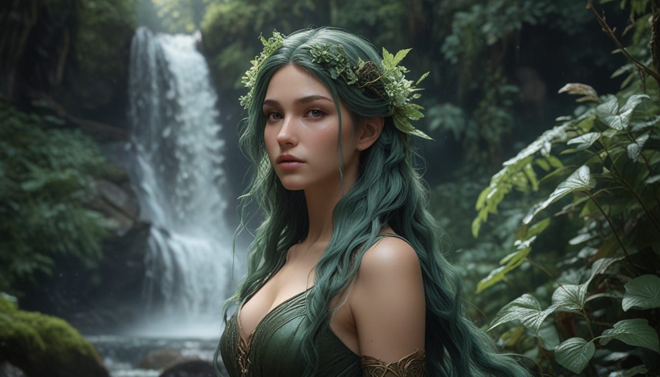 Dreamlike Nymph in Verdant Paradise, Woven in Art Nouveau St...