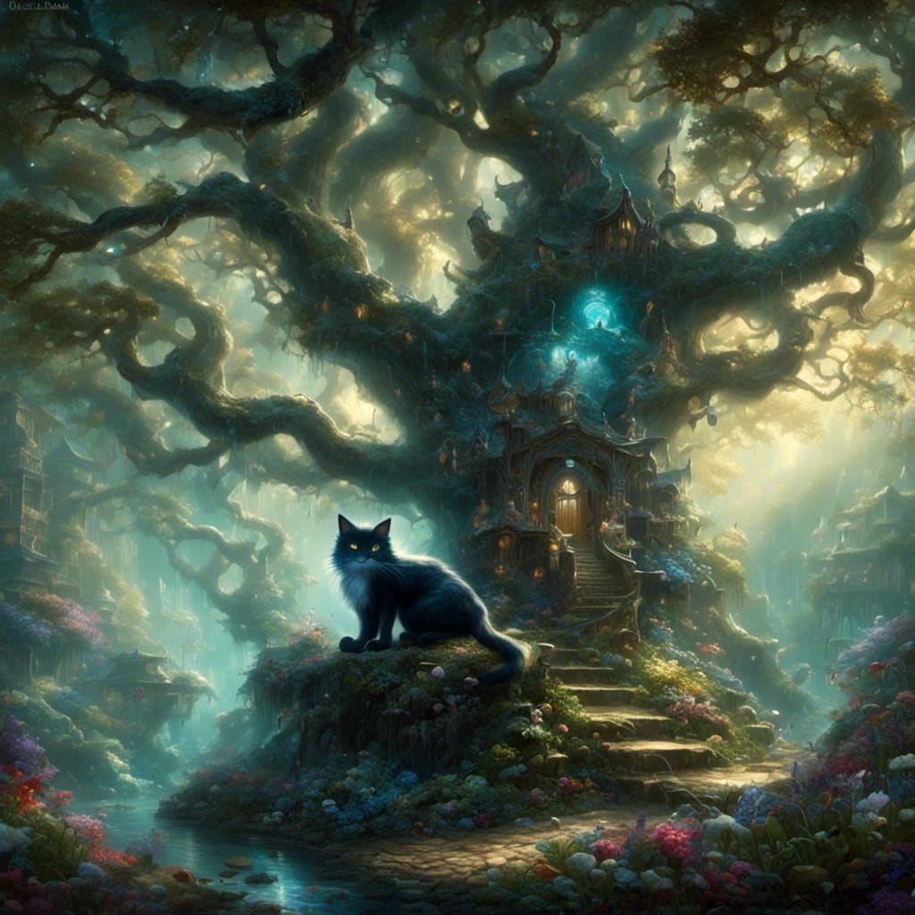 Fantasy Black Cat in Hyperreal Dragonscape