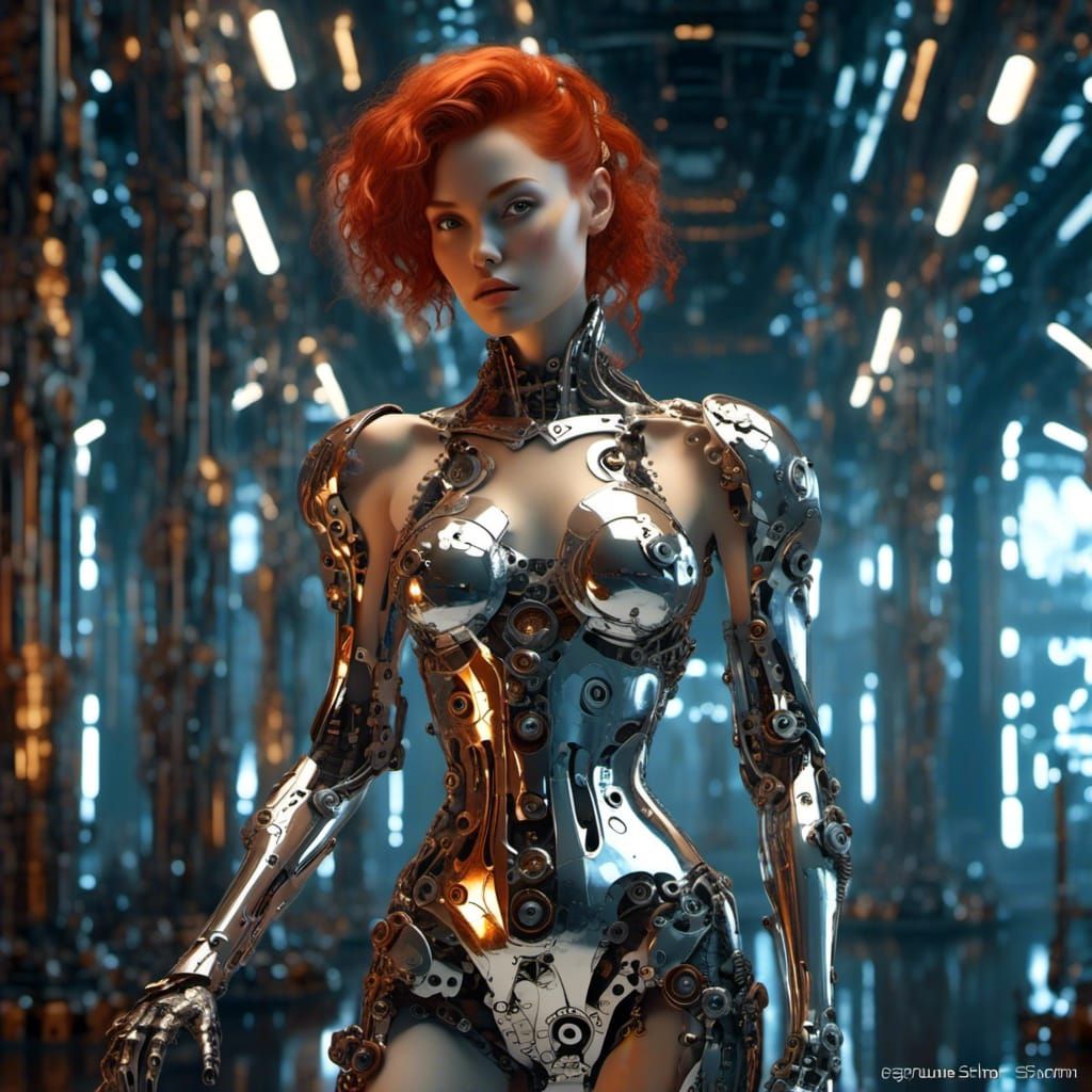 Redhead Cyborg in Lace, Cyberpunk Art