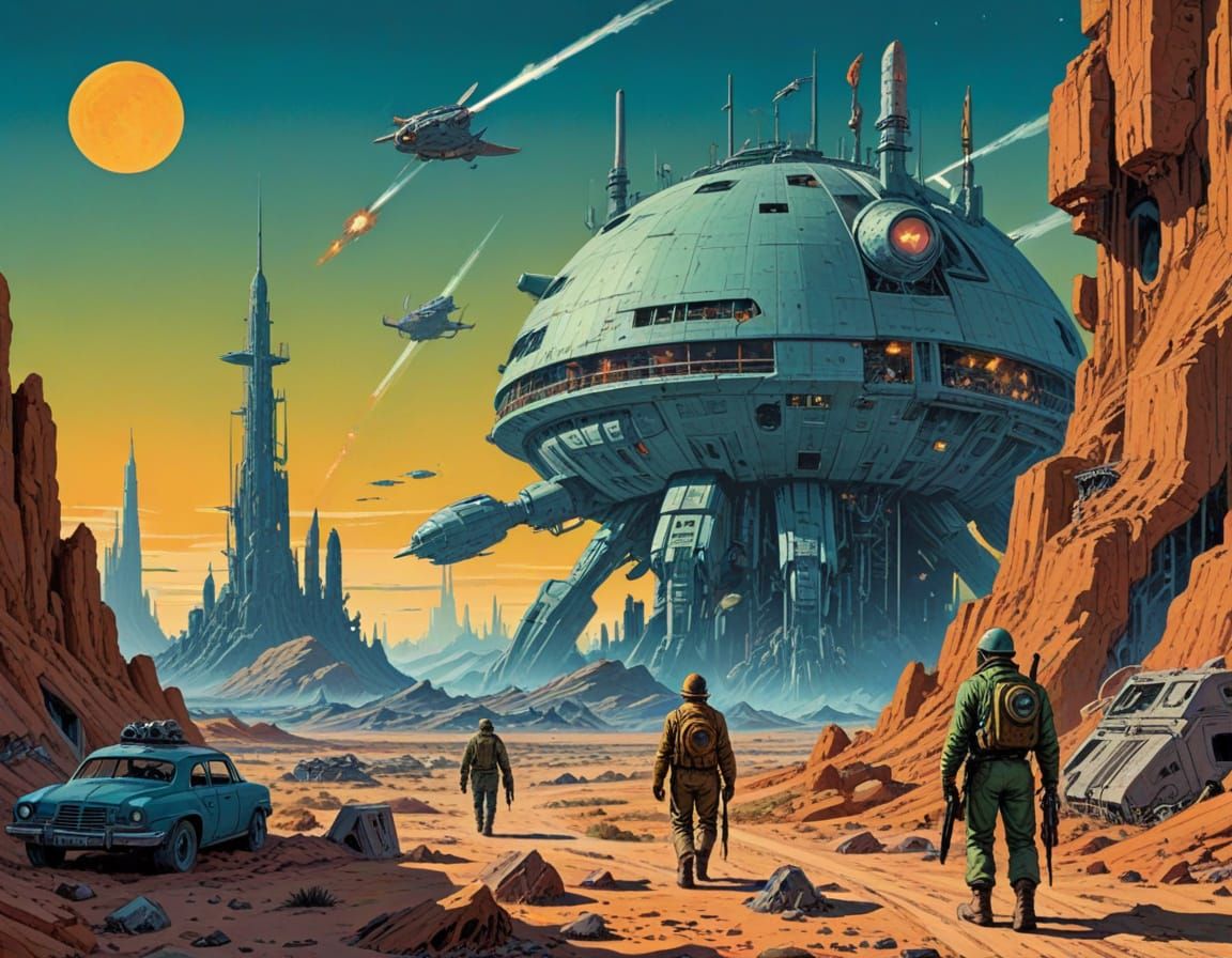 Post-Apocalyptic Wasteland in Retro Sci-Fi Comic Style