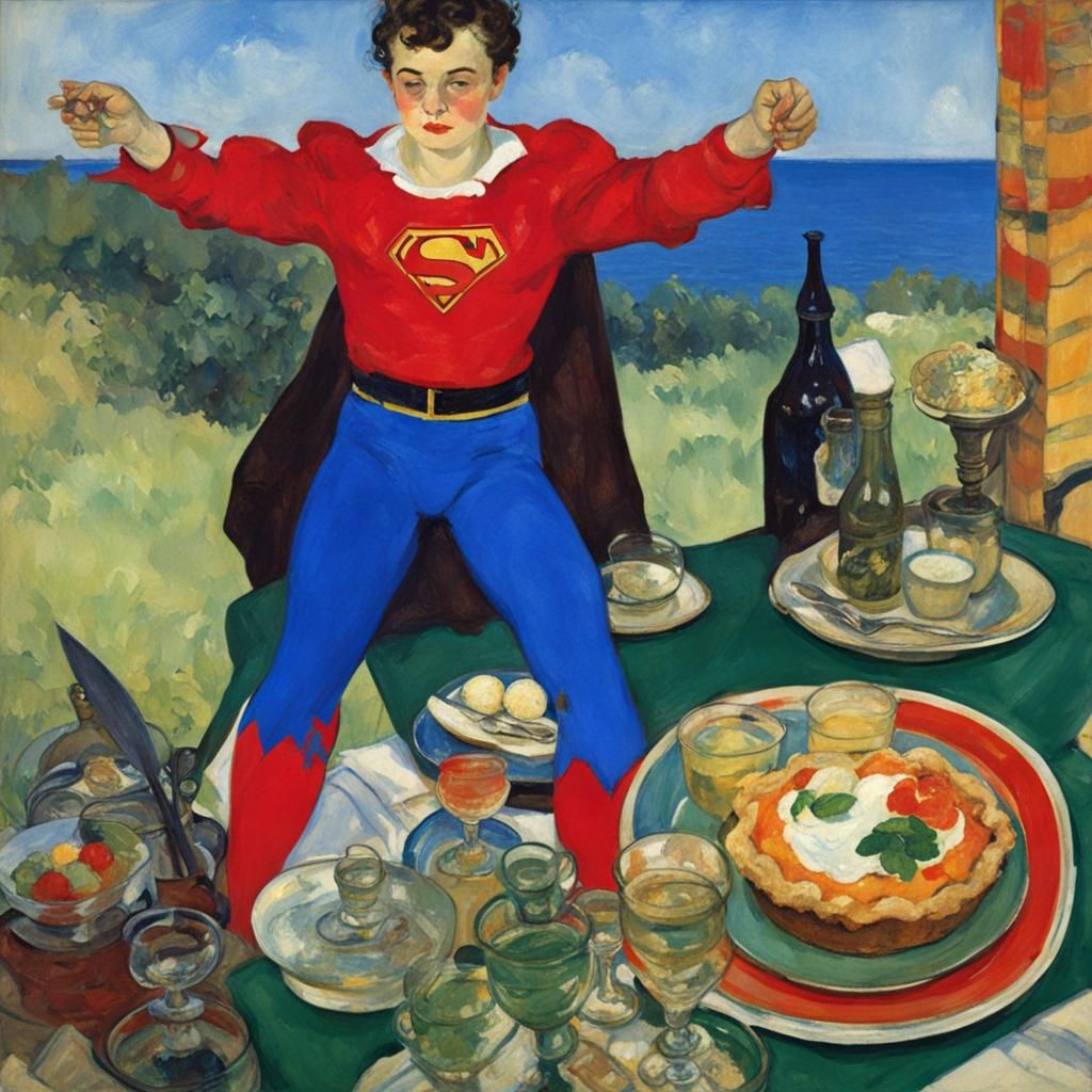 Superhero on Vacation Eating Caviar Tartlets