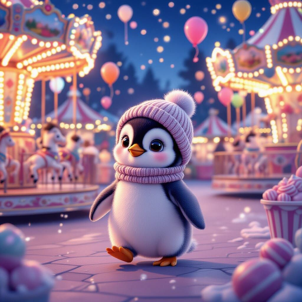 Penguin's Night at the Carnival: 3D Cartoon Fantasy