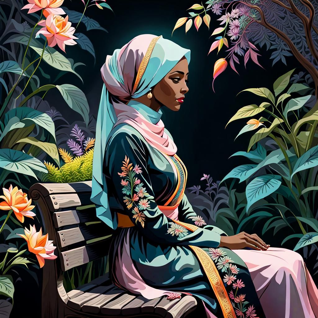 Girl in Hijab in Surreal Botanical Garden