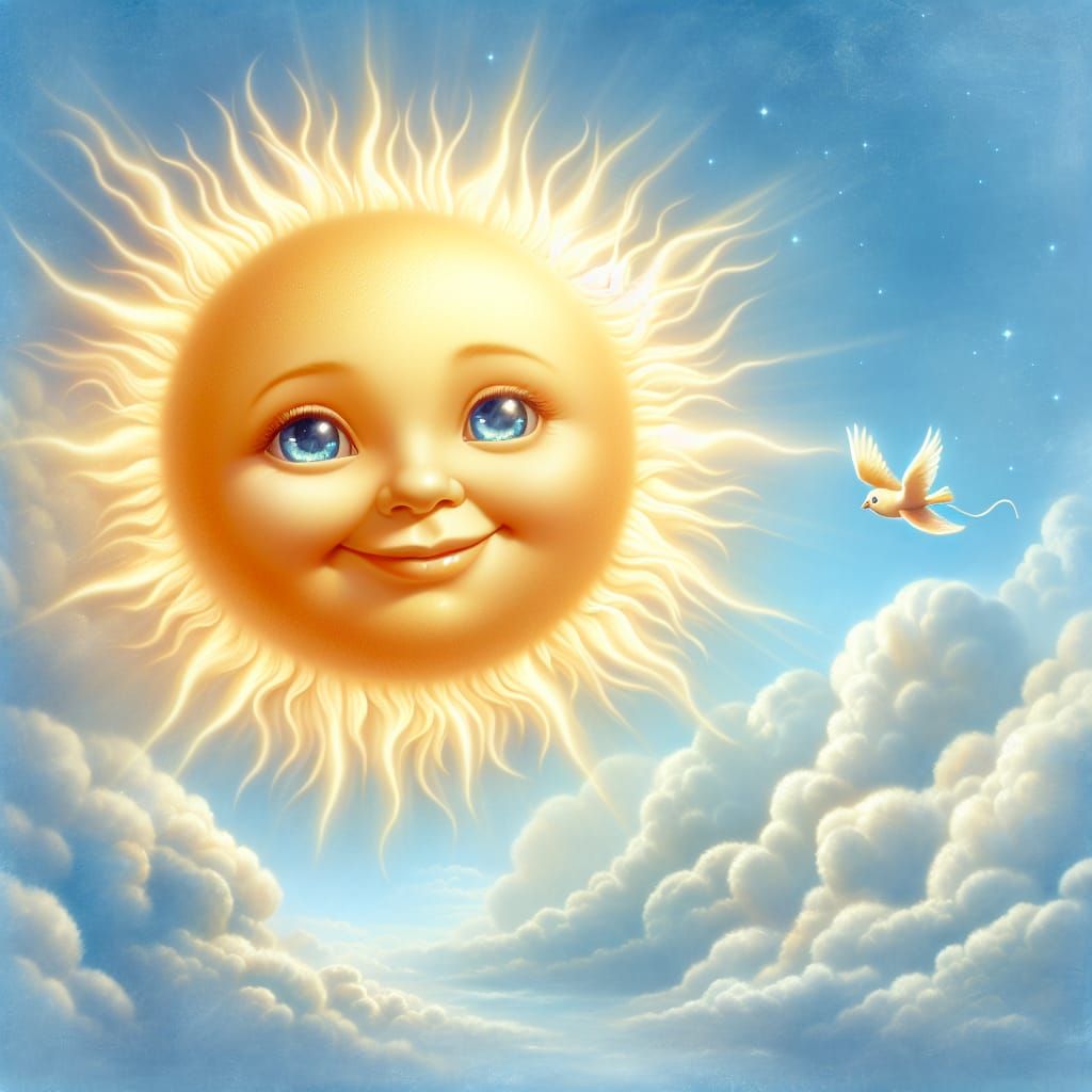 Charming Sun with Gentle Smile in Azure Sky