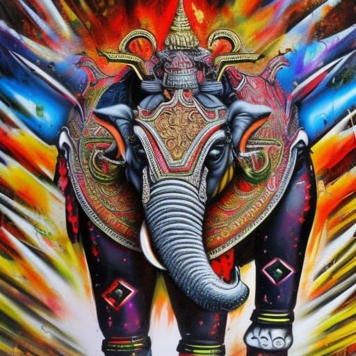 Thai King on War Elephant: Graffiti Art Battle