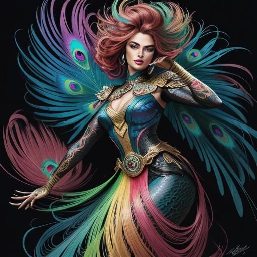Vibrant Comic Art: Woman with Peacock Feather Hair