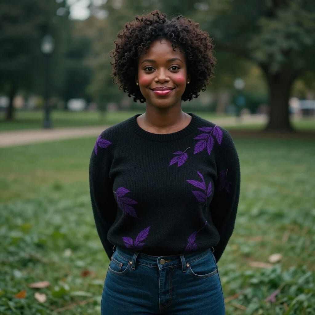 African Woman in Park with Purple Leaf Sweater