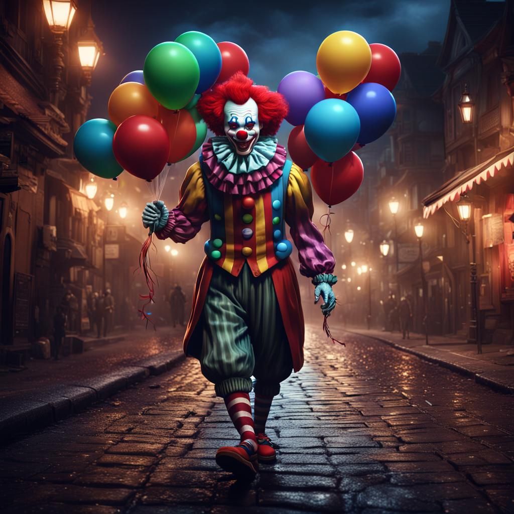 Creepy Clown Walking at Night, Holding Balloons