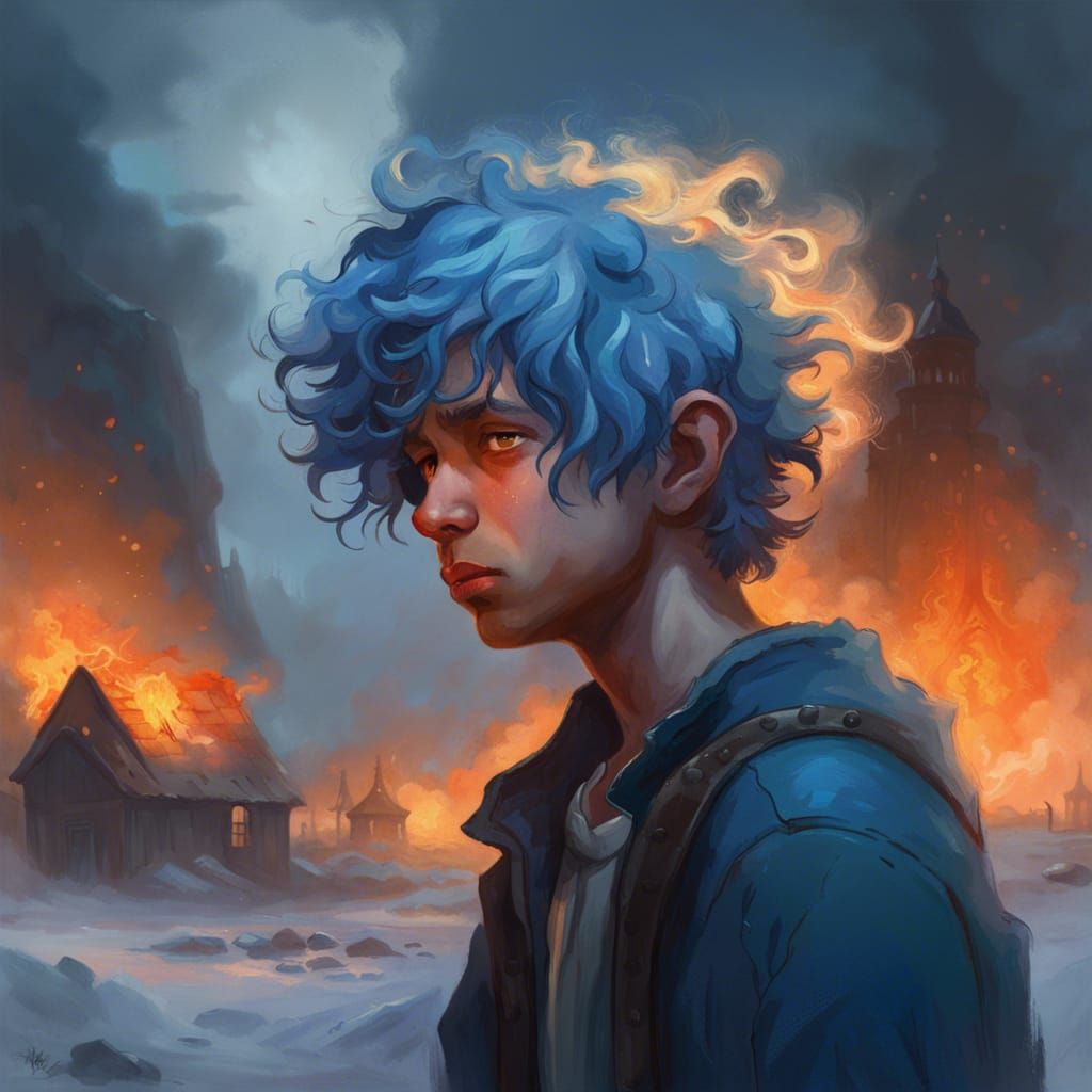 Crying Boy's Blizzard Nightmare: Dark Fantasy Art