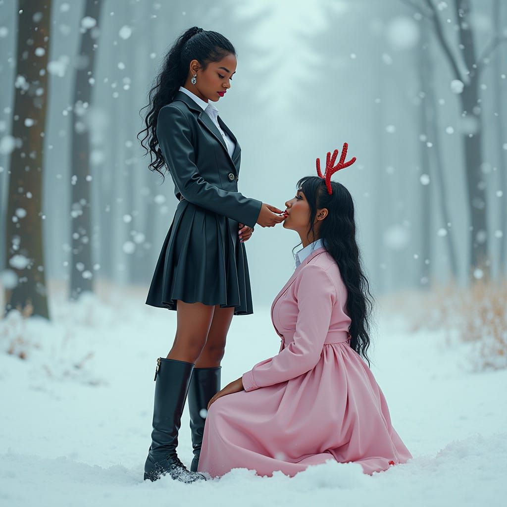 Confident Woman Applies Lipstick to Kneeling Figure in Snowy...