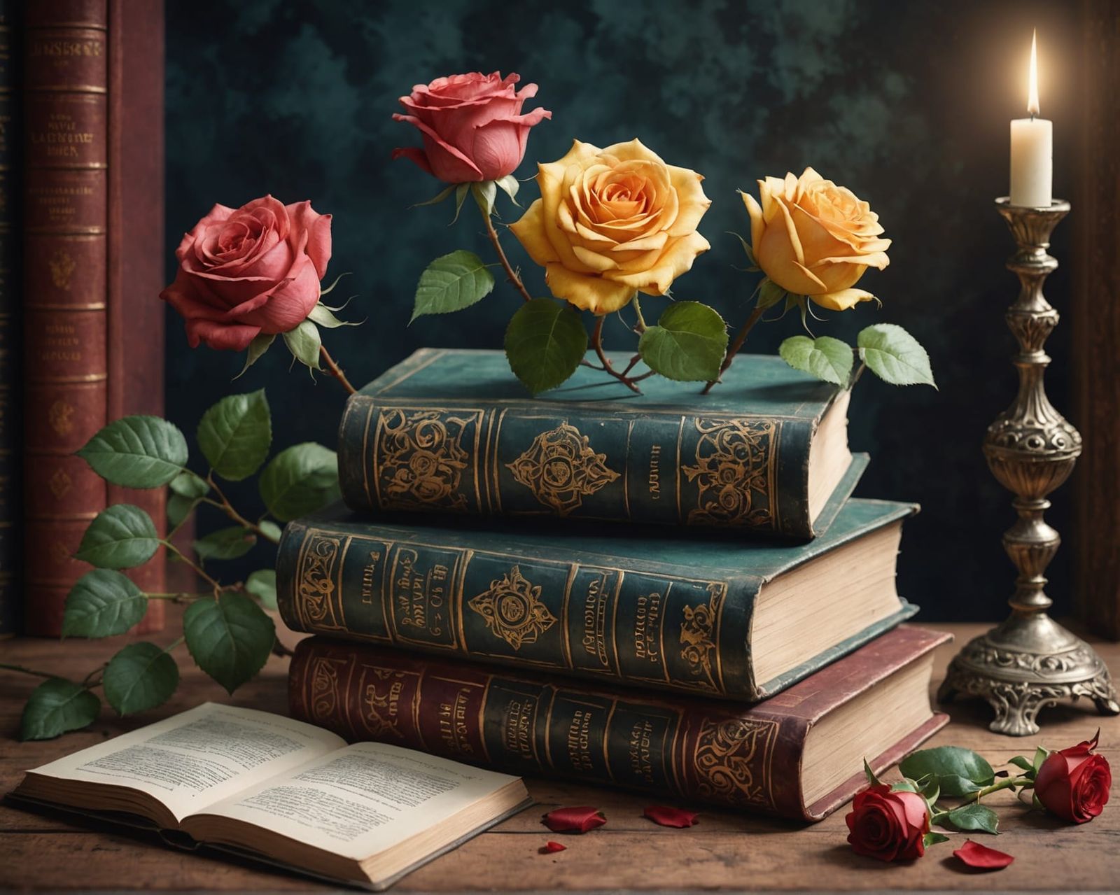Vintage Books and Roses in Watercolor Style