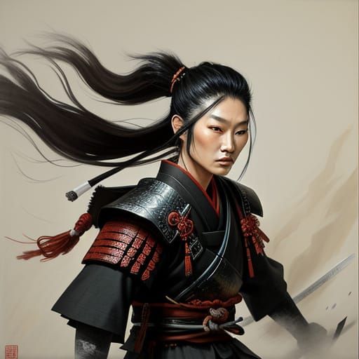 Samurai Warrior in Sumi-e Painting Style