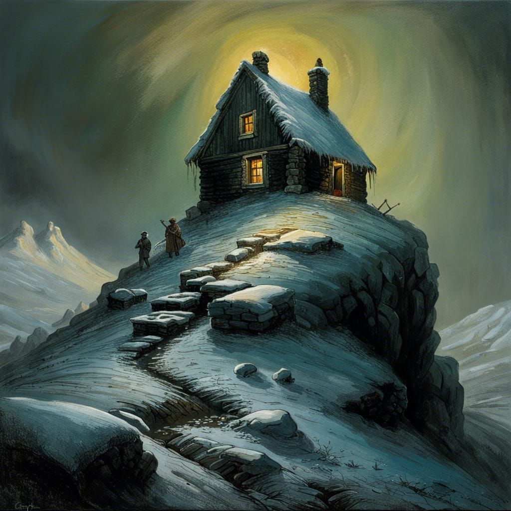 Icelandic Mountain House Painting in Horror Style