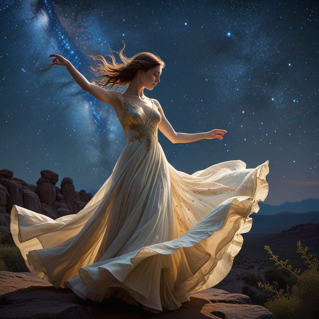 Envision a celestial tea party hosted by elegant figures dan...