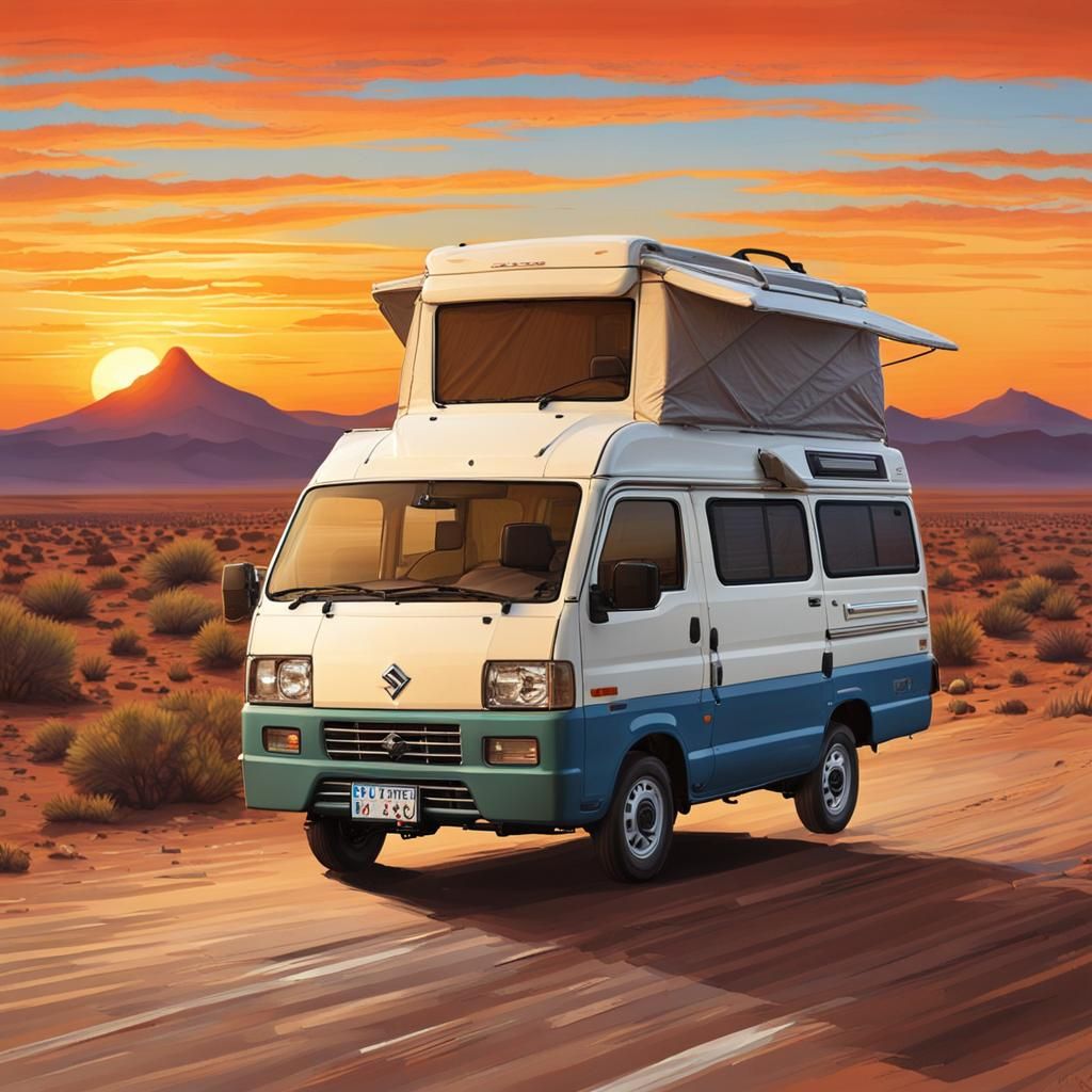 Camper Van Conversion on Desert Road at Sunset