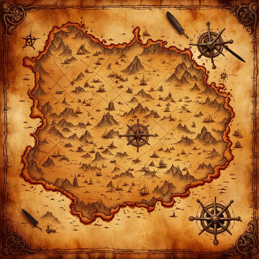 epic pirate treasure map made of parchment with x marking the spot, psychedelic paint spatter, made of parchment, statio...