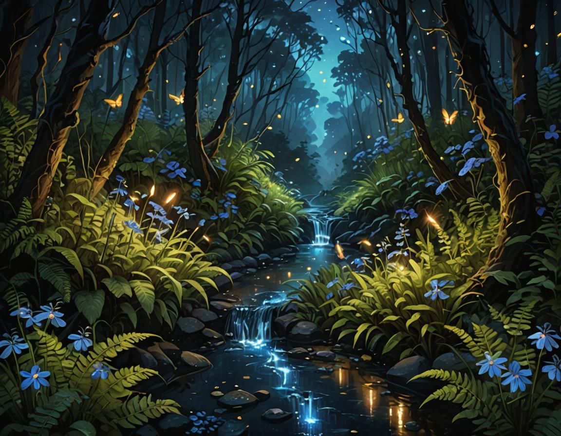 Magical Forest Nocturn: Fireflies Dance in Bioluminescence