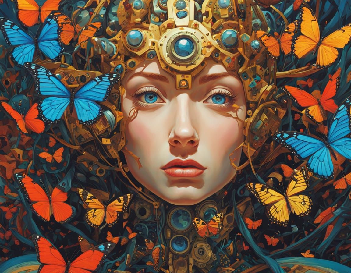 Surreal Oil Painting of a Humanoid with Mechanical Butterfli...