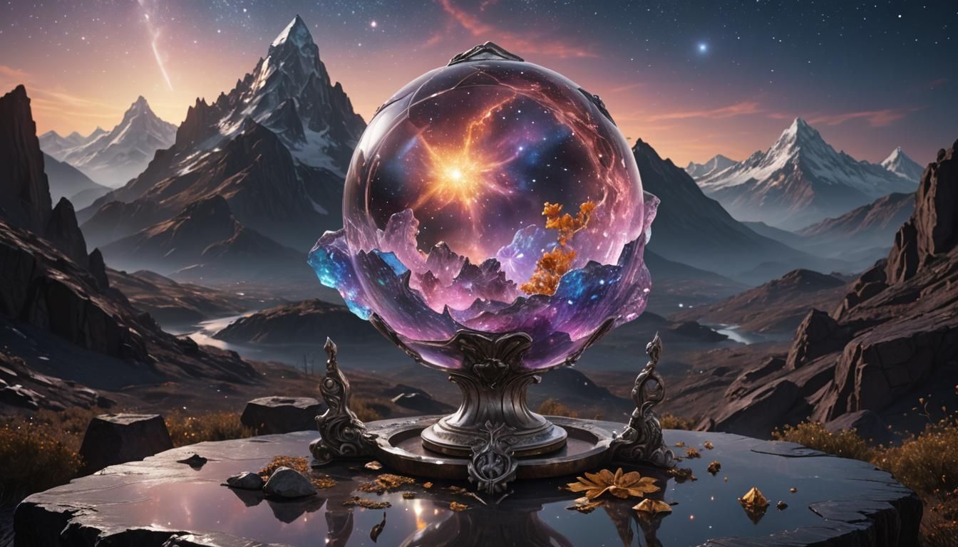 Cosmos Nebula in Glass Phial on Mountain Altar