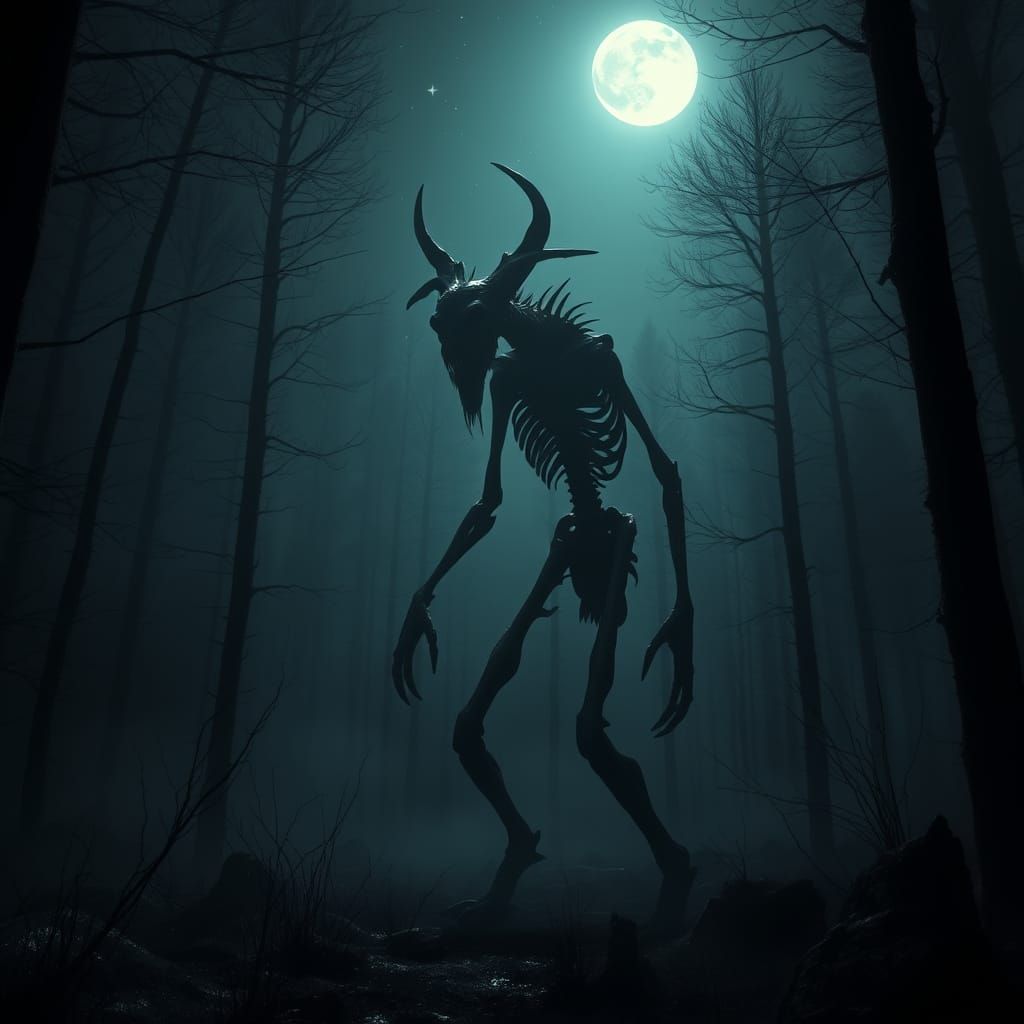 Dark Fantasy Wendigo Stands Tall in Moonlit Clearing